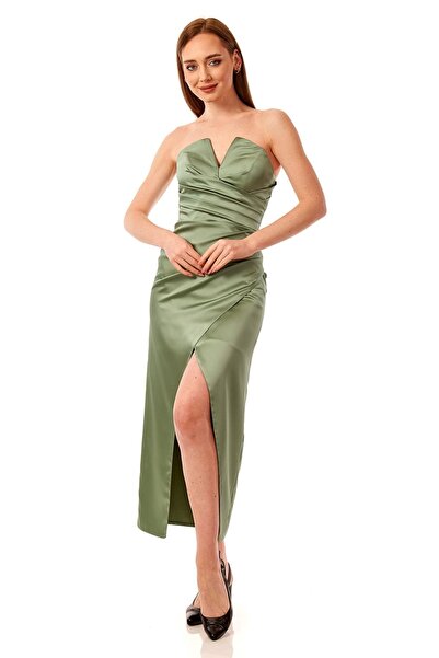 Elbisemhazır Straplez Yırtmaçlı Saten Abiye Elbise