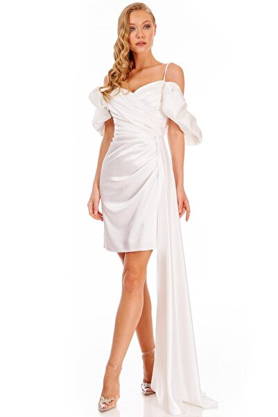 Elbisemhazır Askılı Düşük Kol Pelerin Detaylı Saten Abiye Elbise