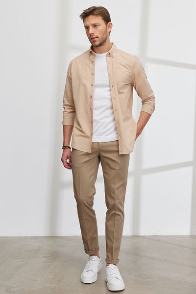 ALTINYILDIZ CLASSICS Ανδρικό μπεζ Slim Fit Slim Fit Πλαϊνή τσέπη βαμβακερό εύκαμπτο παντελόνι Dobby
