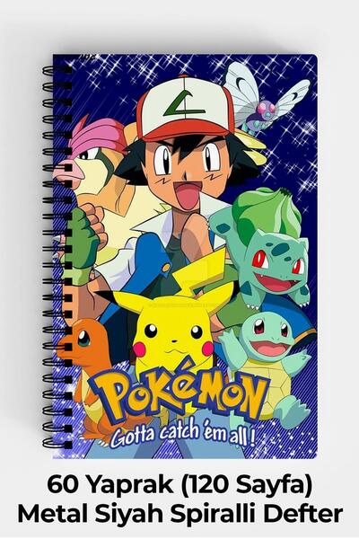 Anime Marketi Pokemon Tasarımlı A5 Spiralli Sert Kapak Defter 120 Sayfa