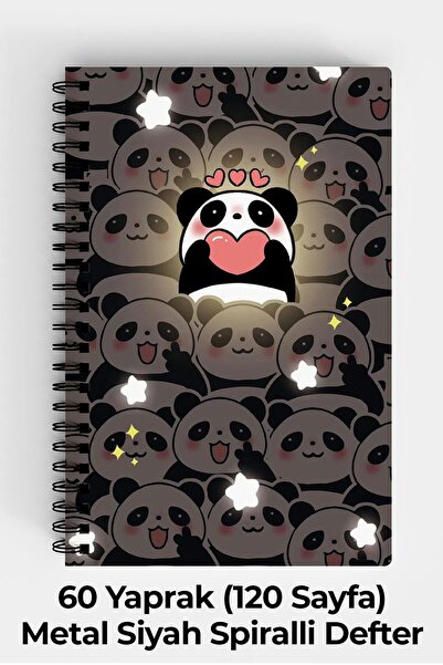 Anime Marketi Tatlı Panda Kalp Tasarımlı A5 Spiralli Sert Kapak Defter 120 Sayfa