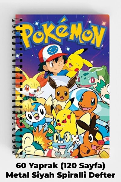 Anime Marketi Pokemon Karakterleri Tasarımlı A5 Spiralli Sert Kapak Defter 12...