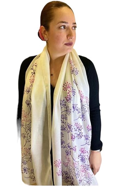 leillART Cotton White Floral Patterned Shawl Scarf - Handmade