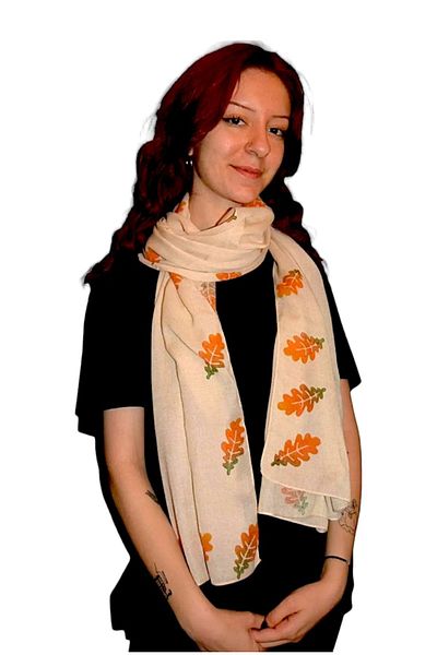 leillART Cotton Beige Shawl Scarf - Leaf Patterned Handmade