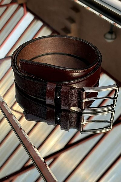inpool Ανδρική ζώνη - 3,5 cm, 100% δέρμα, ασημί αγκράφα, Old Money Culture, Χρώμα καφέ 24kmr01