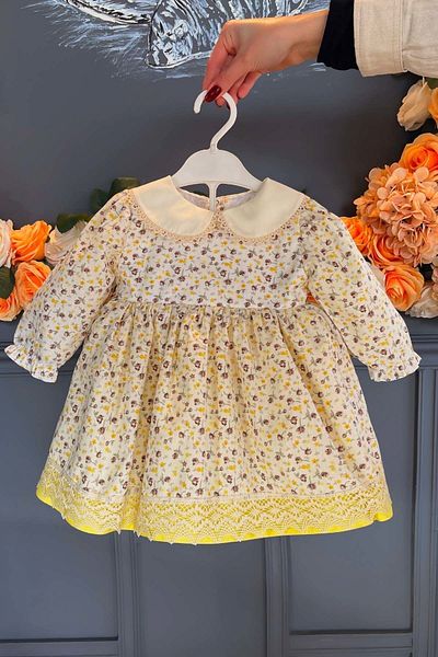 Bertuğ Bebek Floral Patterned Baby Collar Cotton Dress for Girl - 3 Colors