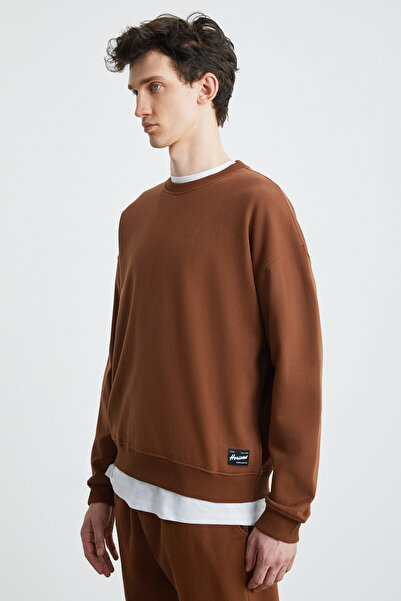 GRIMELANGE EİTAN Erkek 3 İplik Şardonlu Regular Fit Yuvarlak Yakalı Paçası Lastikli Kahverengi Eşofman Takımı