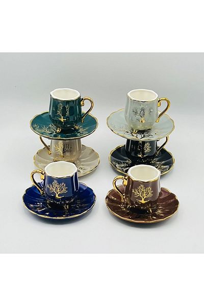 Tekbir Tekbi̇r Vintage Colorful Porcelen Coffee Cup Set