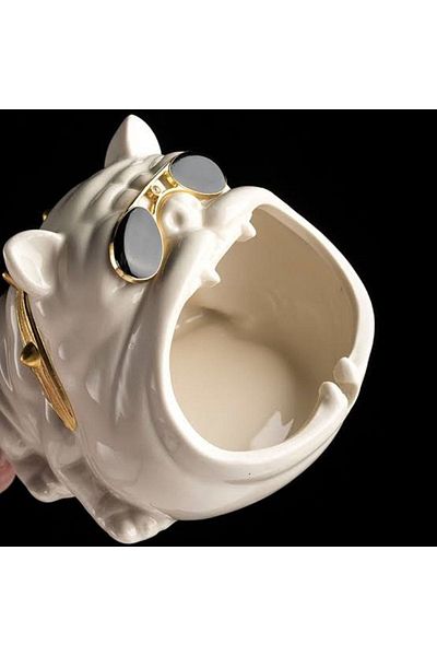 FLORADA White Decorative Panty Figurine with Bulldog Figure Desktop Home Office Ashtray Organizer