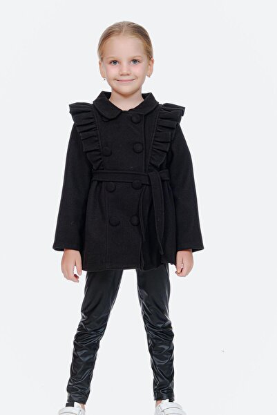 Kamex Palton pentru fetiță cu nasturi cu volane, negru