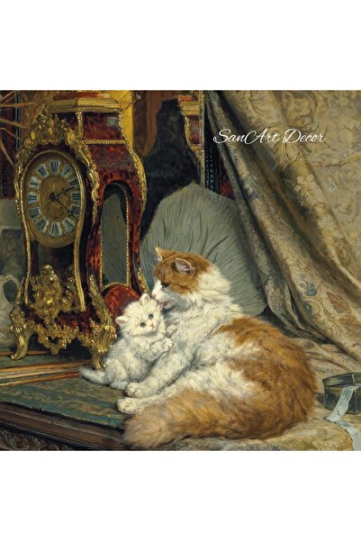 Sanart Pictură de epocă, pictură în ulei, pictură înrămată din seria specială, decor artistic, retro, pictură cu pisici