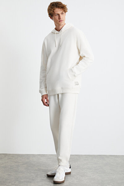 GRIMELANGE Benda Men's 3-Thread Raster Soft Kangaroo Pocket Hooded White Sweatshirt