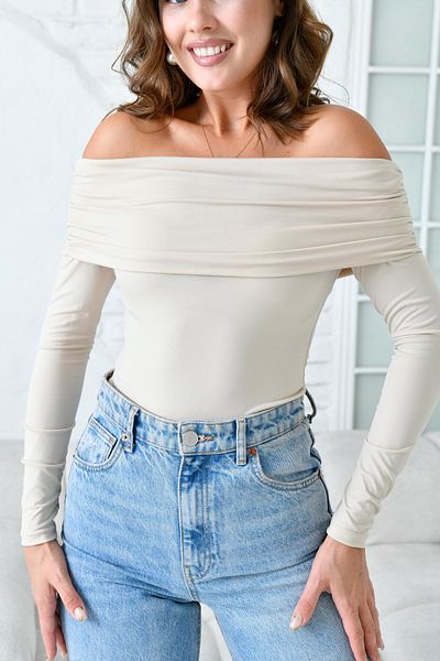 WOMAN VISION Beige Sandy Fabric - Madonna Collar Μακρυμάνικη Γυναικεία Μπλούζα 12252