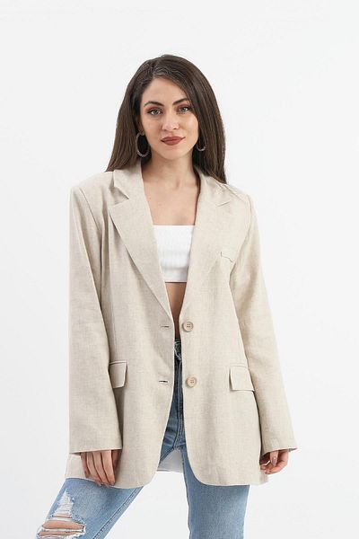 modaserdem Stone Colored Women's Linen Jacket - Double Slits