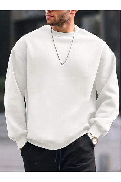 CAST COLLECTİON Men's Oversize Ecru Crew Neck Sweatshirt