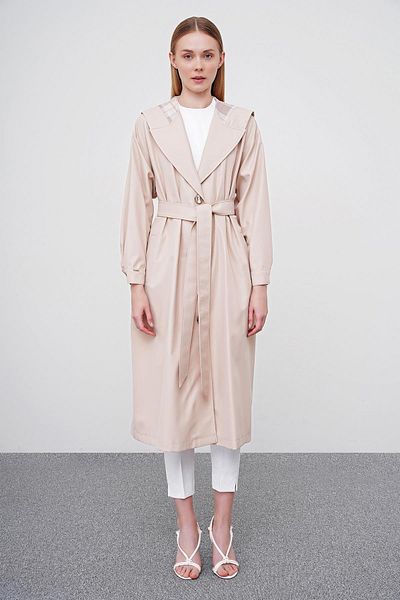 Zühre Stone Colored Hooded and Belted Trench Coat 13435