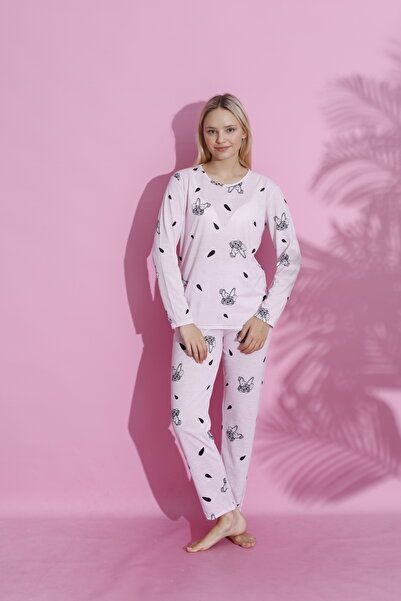 Burki Pembe Tavşan Desenli Kadın Uzun Kollu Bisiklet Yaka Pijama Takımı