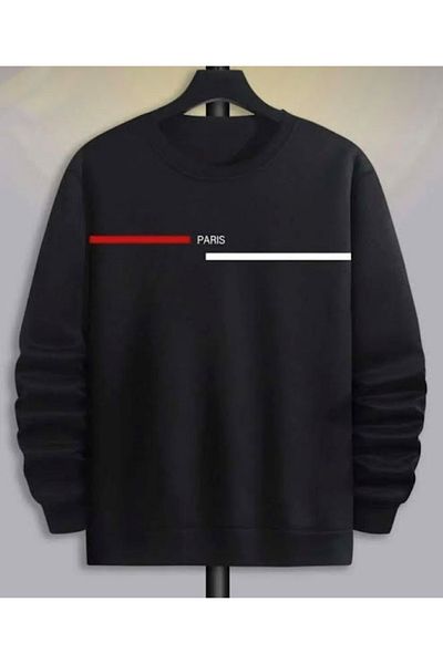 CAST COLLECTİON Black Paris Printed Men's Sweatshirt - Crew Neck
