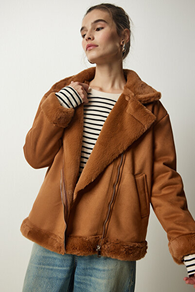 Lovelyİstanbul Palton din nubuc cu blană maro - Lrv0031