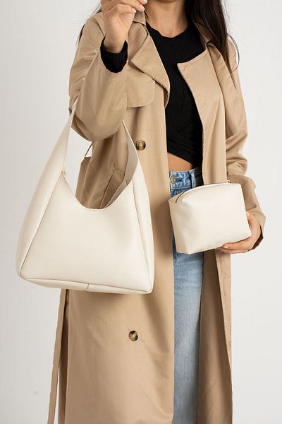 vagues Beige Faux Leather - Hand and Shoulder Bag with Zippered Makeup Bag
