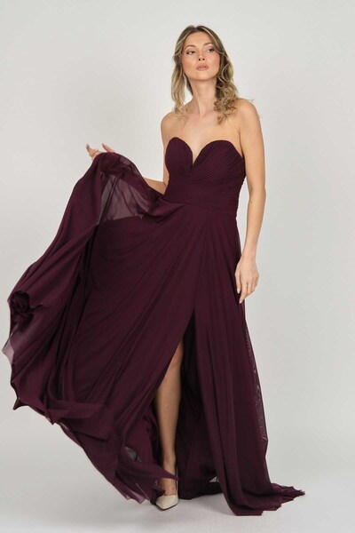 ŞEREF VURAL Şeref Vural Plum Strapless Long Women's Evening Dress - 5437021