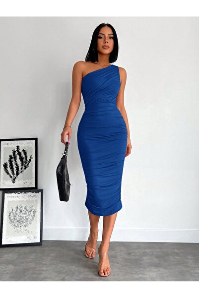 ŞİNDO GİYİM Rochie midi pentru femei, căptușită, cu drapaj albastru și detaliu de umăr