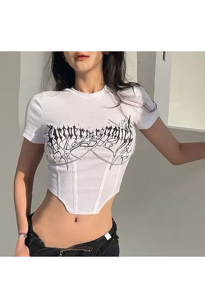 Karakedi Gothic Punk Chain Asymmetrical Cut Short Sleeve White Body