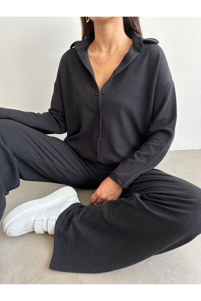 BEJNA Women's Black Twist Textured Bottom Top Shirt Set