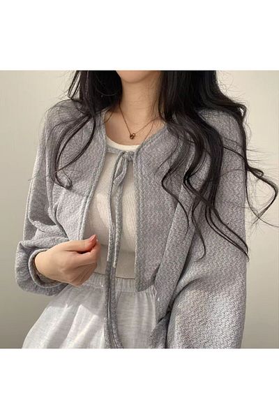 Karakedi Gray Crop Cardigan - Balloon Sleeve Detail and Tie-up