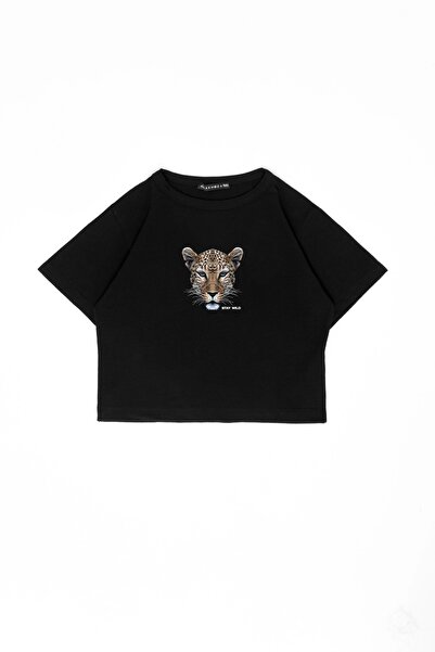 Sokak Butik Leopar Stay Wild Baskılı Oversize Unisex Siyah Crop Top