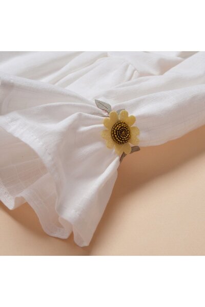 Pop Kız Çocuk Beyaz Çiçek Nakışlı Pamuk Keten Elbise