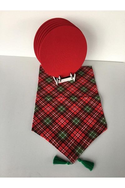 Özlü Hediyelik Eşya Placemat Plaid Patterned Runner and 6-Piece Suple Set