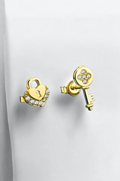 jelux silver Gümüş 925 Ayar Zirkon Taşlı Gold Renkli Kalp Kilit Küpe