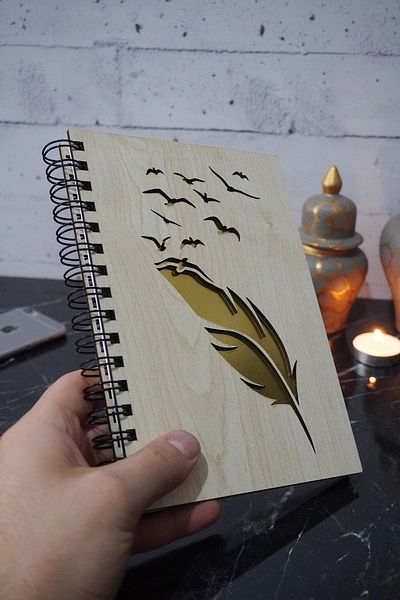 markcat Wooden Notebook - Daily Bird Feather Pattern, A5 Spiral, Unlined Notebook - Gift Notebook