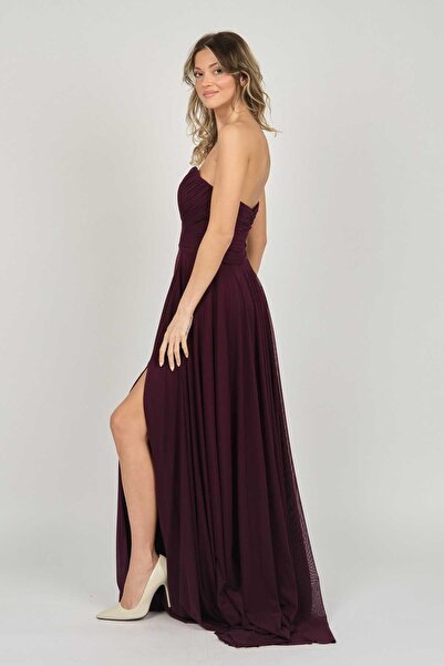ŞEREF VURAL Şeref Vural Plum Strapless Long Women's Evening Dress - 5437021