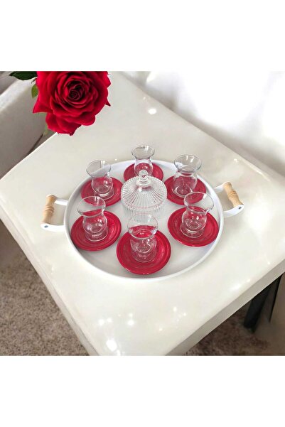 EceAksesuar Metal Çay Tabağı-bardak Altlığı- Kırmızı Çay Tabağı-paslanmaz Kar...
