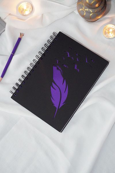 markcat Black Bird Feather Design - Diary Notebook with Wooden Cover, Unlined A5 Notebook