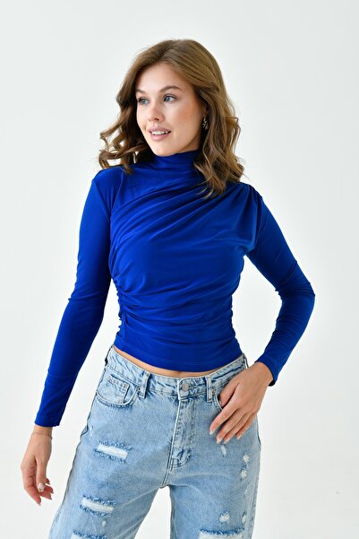 bayansepeti Γυναικείο εύκαμπτο ύφασμα μακρυμάνικο ασύμμετρο κόψιμο με ψηλό γιακά Saks Μπλε γυναικεία μπλούζα 9871