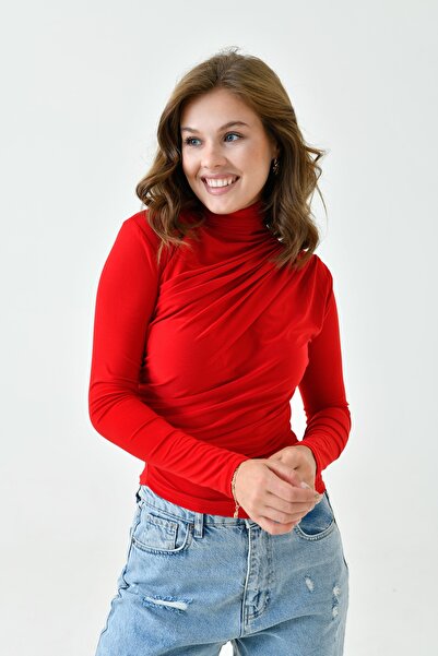 bayansepeti Women's Flexible Fabric Long Sleeve Asymmetric Cut High Collar Red Women's Blouse 9871