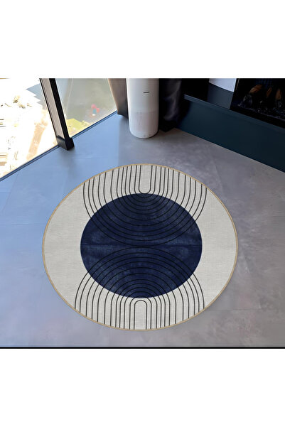 Rugs Modern Halı Blue Gray Themed Geometric Circle and Stripes Patterned Roun...