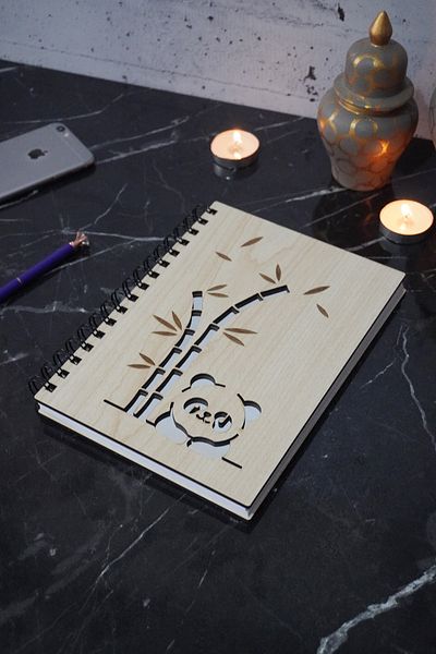 markcat Caiet din lemn Panda Design - Caiet de școală fără linii, A5 cu spirală