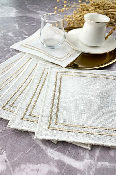 WEARE2 Set of 6 White and Cream Embroidered Double Line Cocktail Napkins