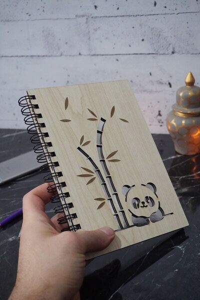 markcat Caiet din lemn Panda Design - Caiet de școală fără linii, A5 cu spirală