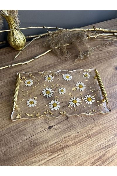 Sultan Tasarım Gold Leaf - Daisy Rectangular Wavy Patterned Epoxy Tray for Two