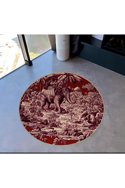 Rugs Modern Halı Bordo Ton Eski Çağ Tema Fil ve İnsanlar Desenli Yuvarlak Dok...