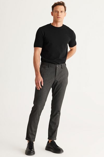 ALTINYILDIZ CLASSICS Pánské černé Slim Fit Slim Fit boční kapsa Tweet klasické látkové kalhoty se vzorem a elastickým pasem