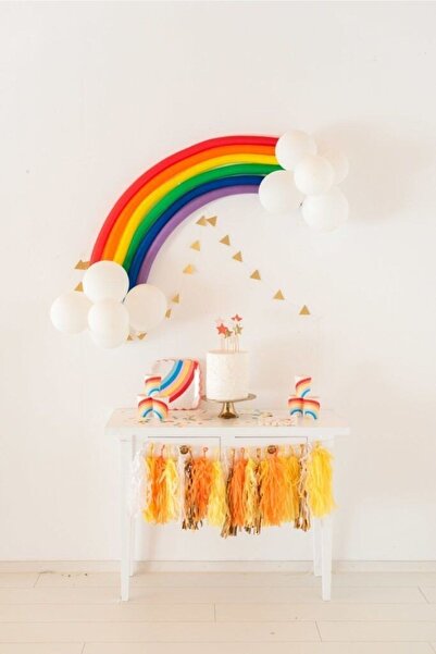 Lema Store 17 Adet Gökkuşağı Makaron Sosis Balon Ve Beyaz Balon Konsept Parti...