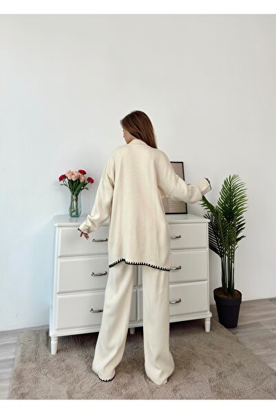 Benisengiydir Ecru Women's Hijab Knitwear Set - Striped Inserts