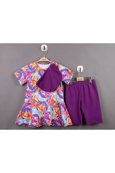 Bilge Trend 3-Piece Tie-Dye Patterned Hijab Swimsuit Set for Girls - Top, Bonnet, Leggings