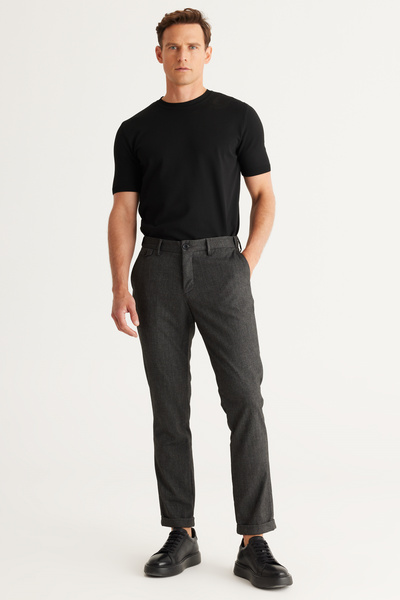 ALTINYILDIZ CLASSICS Erkek Siyah Slim Fit Dar Kesim Yan Cepli Tweet Desenli Beli Lastikli Klasik Kumaş Pantolon